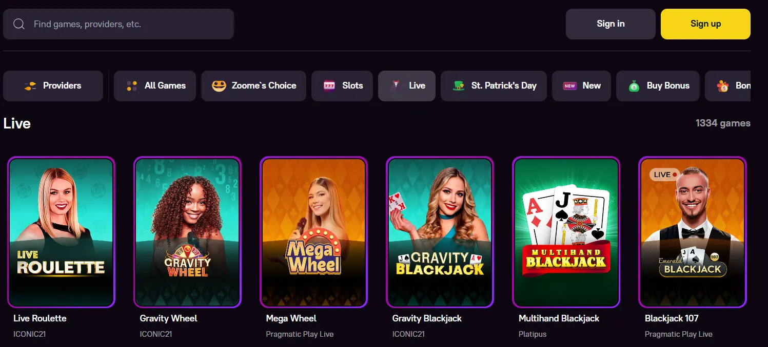 Live dealer games zoome casino